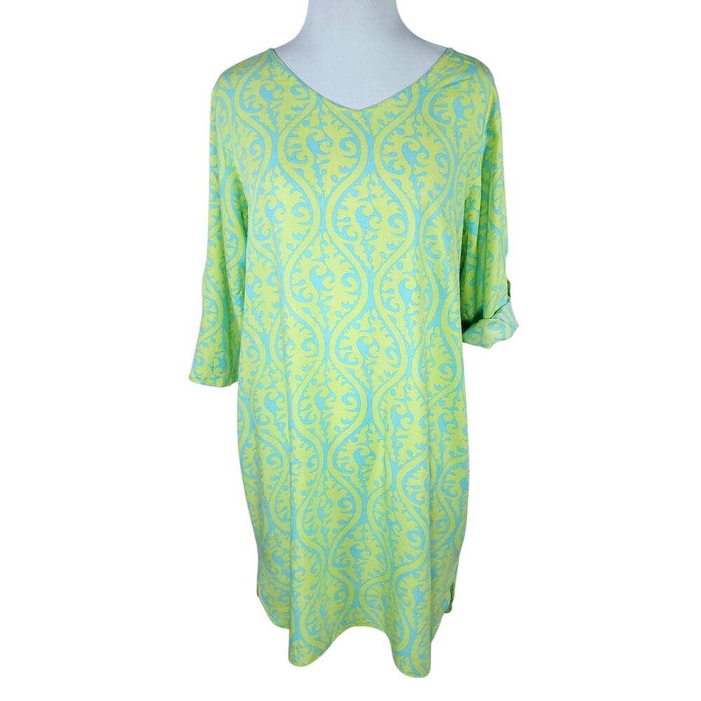 Escapada Shift Dress Spring Summer Easter Green Blue Damask 3/4 Roll Tab Slv XS